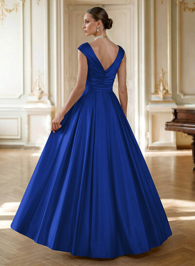 Elegant A-Line V-Neck Ruched Waist Floor-Length Satin Evening Dresses