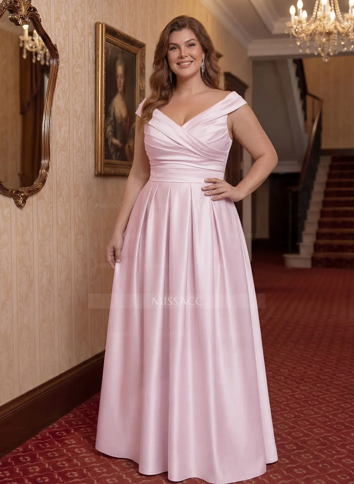 Elegant A-Line V-Neck Ruched Waist Floor-Length Satin Evening Dresses -  Missacc