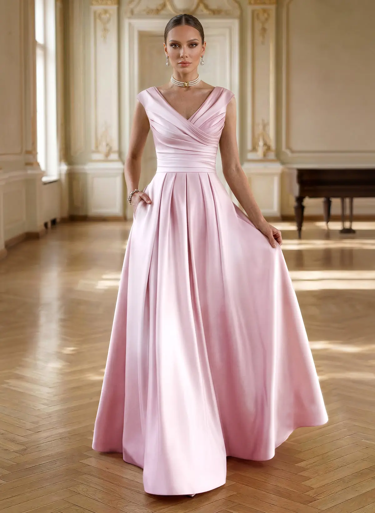 Elegant A-Line V-Neck Ruched Waist Floor-Length Satin Evening Dresses