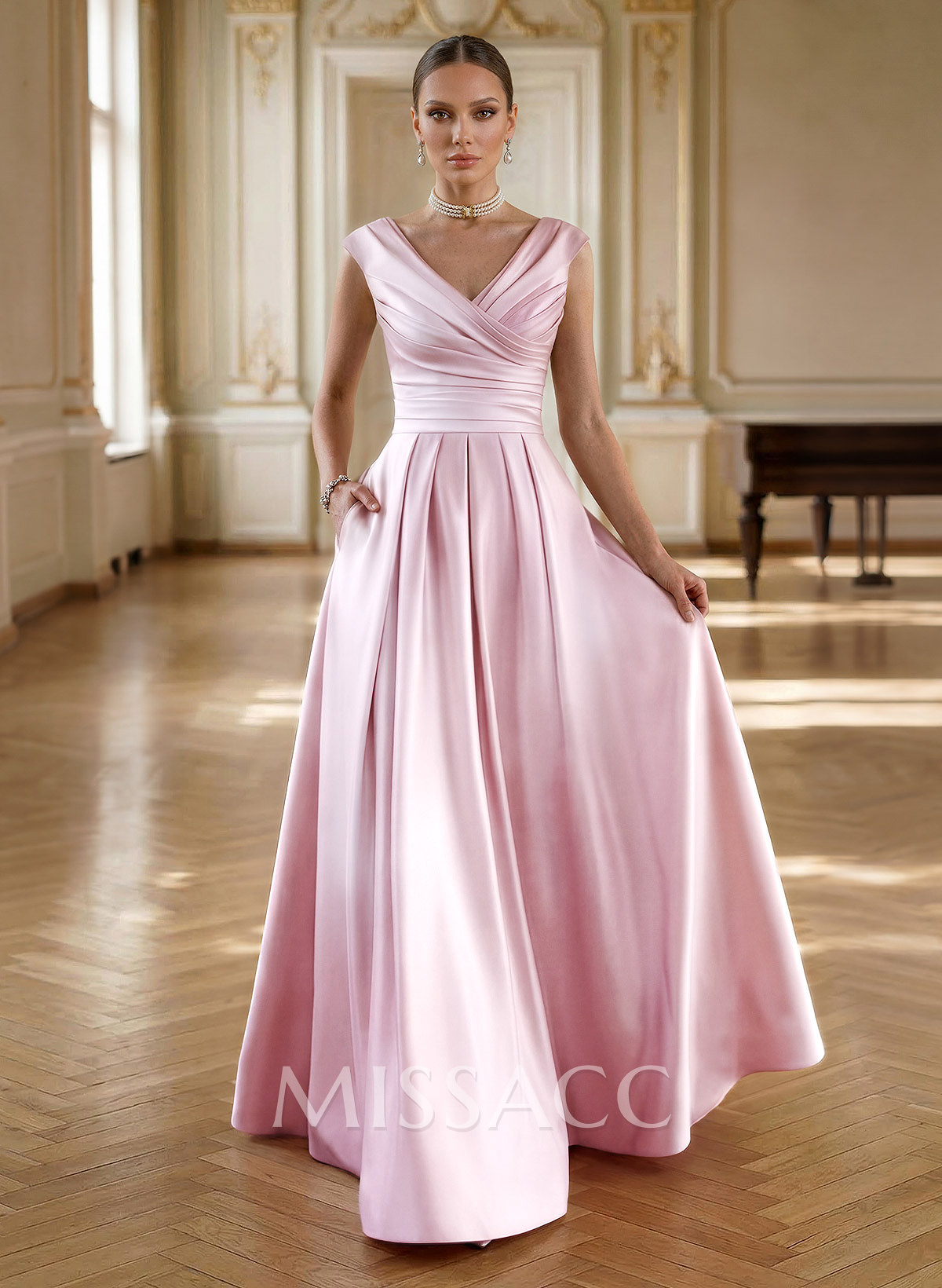 Elegant A-Line V-Neck Ruched Waist Floor-Length Satin Evening Dresses