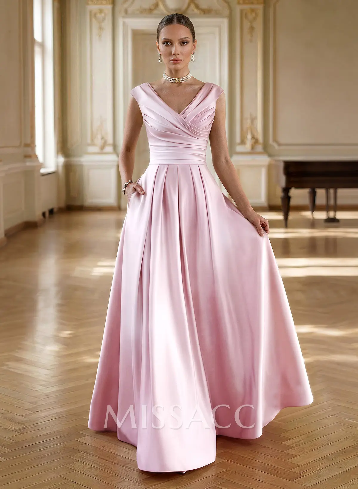 Elegant A-Line V-Neck Ruched Waist Floor-Length Satin Evening Dresses