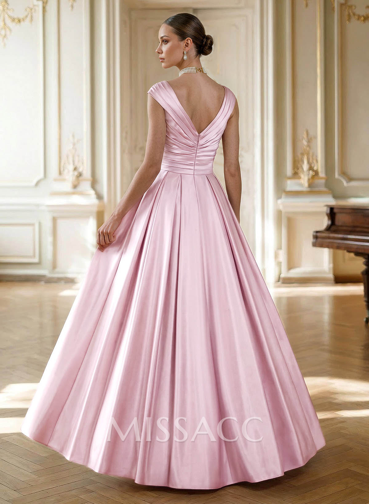 Elegant A-Line V-Neck Ruched Waist Floor-Length Satin Evening Dresses