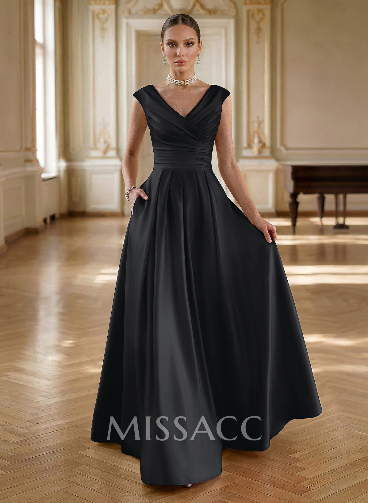 Elegant A-Line V-Neck Ruched Waist Floor-Length Satin Evening Dresses