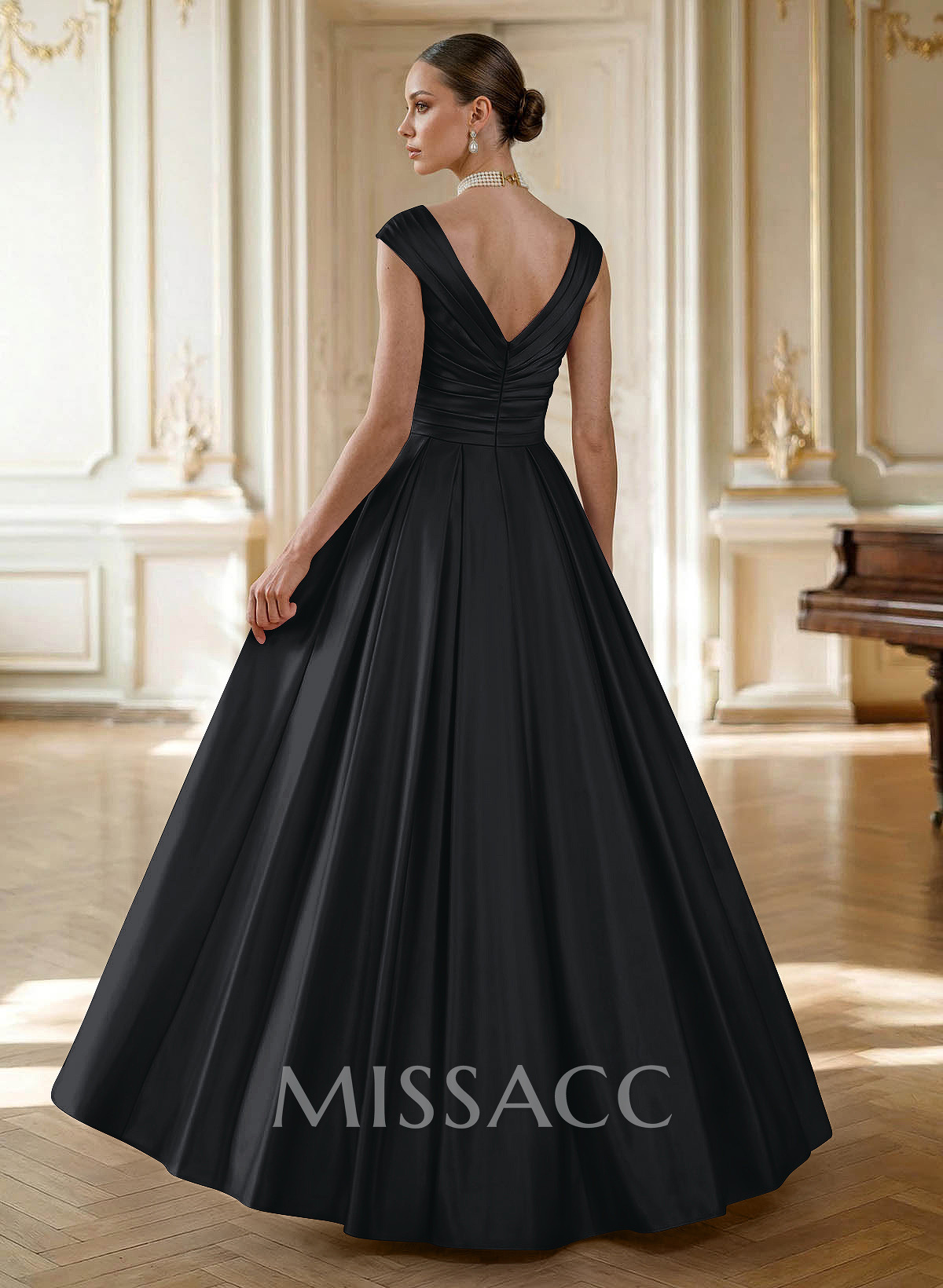 Elegant A-Line V-Neck Ruched Waist Floor-Length Satin Evening Dresses