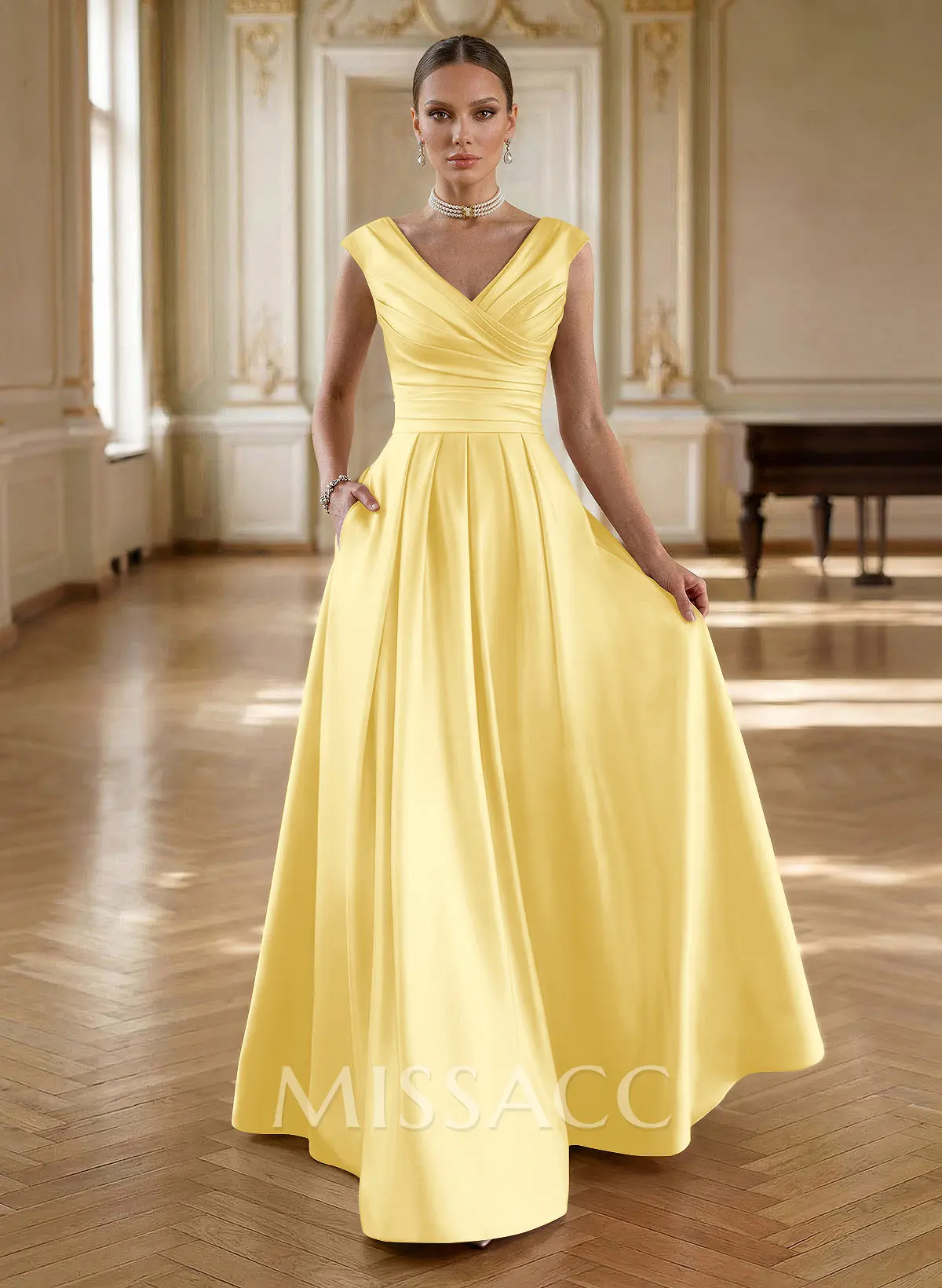 missacc formal dresses Missacc Gold Evening Dresses Elegant A-Line V-Neck Ruched Waist Floor-Length Satin Evening Dresses