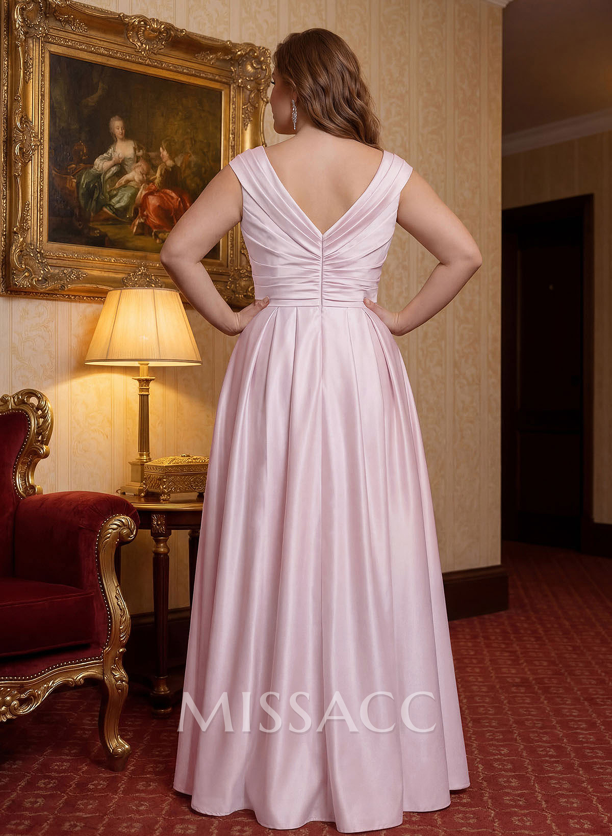 Elegant A-Line V-Neck Ruched Waist Floor-Length Satin Evening Dresses