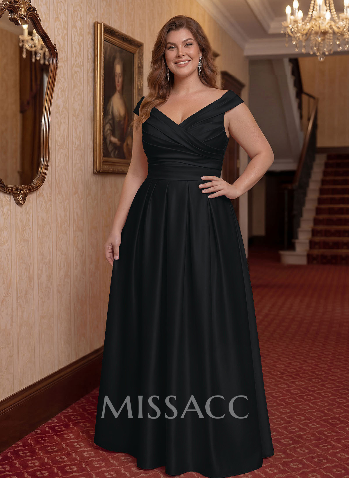 Elegant A-Line V-Neck Ruched Waist Floor-Length Satin Evening Dresses