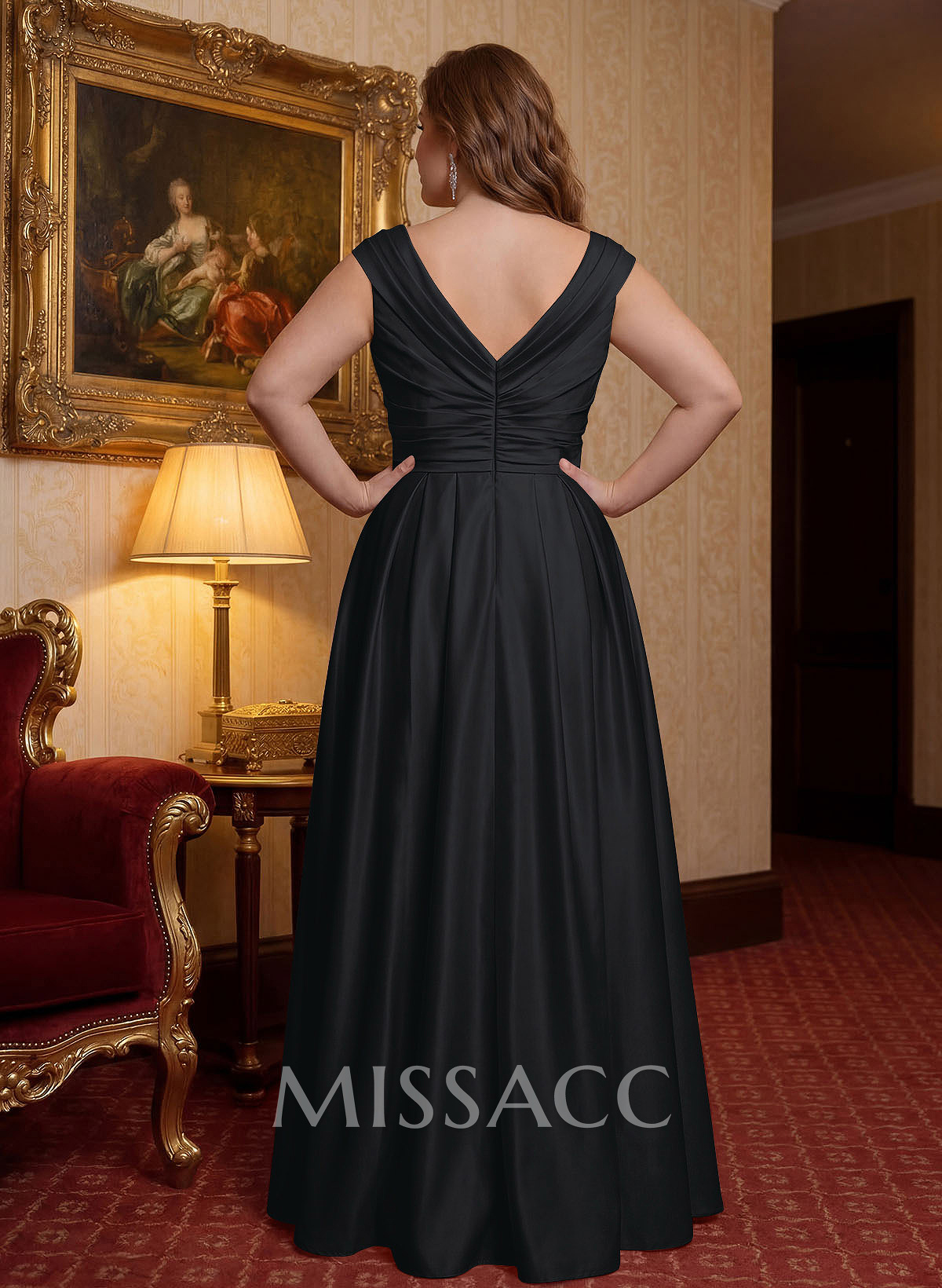 Elegant A-Line V-Neck Ruched Waist Floor-Length Satin Evening Dresses