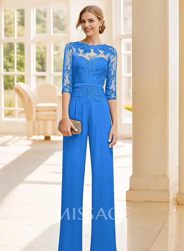 Jumpsuit/Pantsuit Lace Elegant Blue Evening Dresses - Missacc