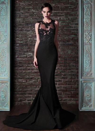 Black Mermaid Lace Evening Dresses With Illusion Neck