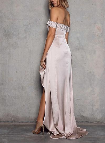 Sheath Off-the-Shoulder Sleeveless Sweep Train Elastic Satin Evening Dresses With Ruffle/Split Front
