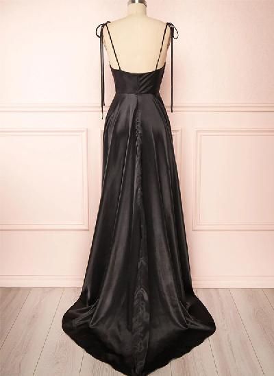 A-Line Cowl Neck Sexy Spaghetti Straps Satin Evening Dresses With High Split