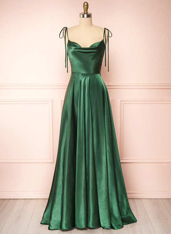 A-Line Cowl Neck Sexy Spaghetti Straps Satin Evening Dresses With High Split