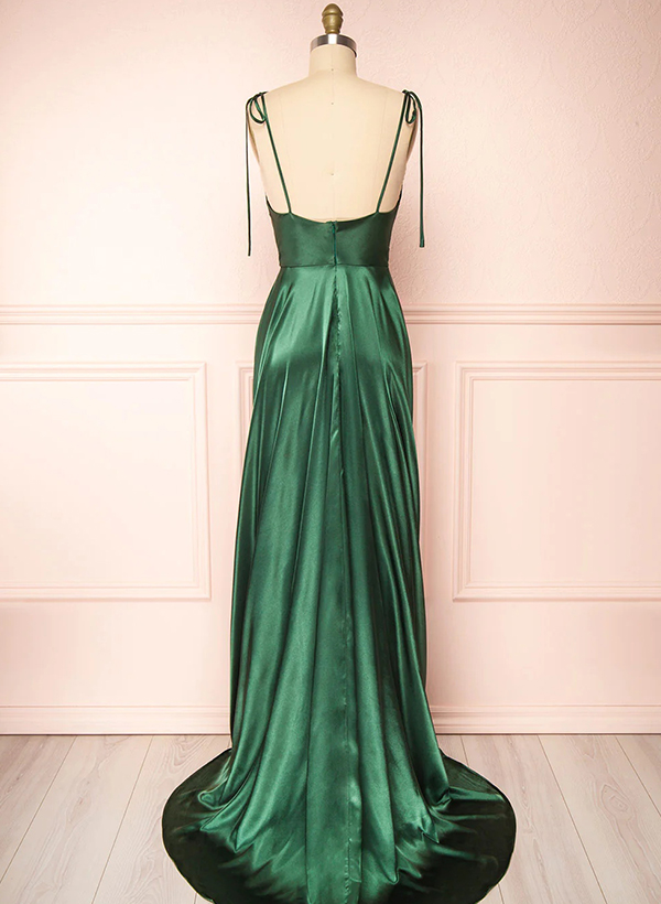 A-Line Cowl Neck Sexy Spaghetti Straps Satin Evening Dresses With High Split