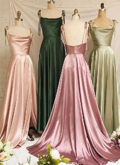 A-Line Cowl Neck Sexy Spaghetti Straps Satin Evening Dresses With High Split