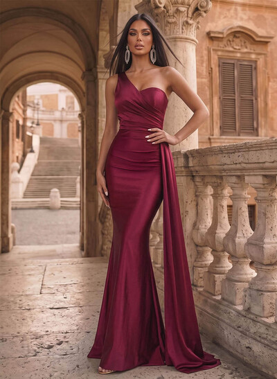 Trumpet/Mermaid One-Shoulder Sweep Train Stretch Satin Evening Dresses