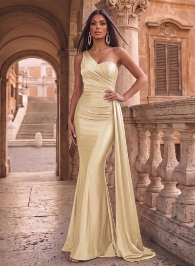 Trumpet/Mermaid One-Shoulder Sweep Train Stretch Satin Evening Dresses