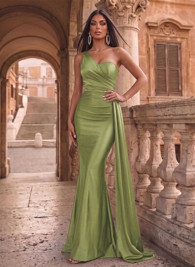 Mermaid One-Shoulder Sweep Train Stretch Satin Formal Dresses