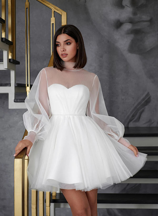 A-Line Illusion Neck Long Sleeves Short/Mini Tulle Homecoming Dresses