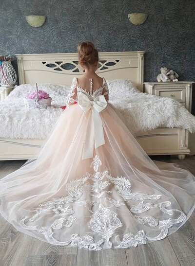 Luxury Bow Accented Ball Gown Princess Tulle Flower Girl Dresses With Lace Applique