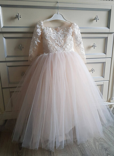 Luxury Bow Accented Ball Gown Princess Tulle Flower Girl Dresses With Lace Applique