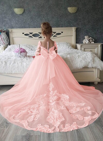 Luxury Bow Accented Ball Gown Princess Tulle Flower Girl Dresses With Lace Applique