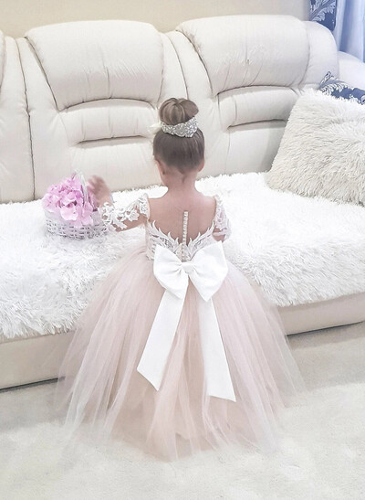 Dreamy Bow Accented Ball Gown Princess Lace Tulle Flower Girl Dresses