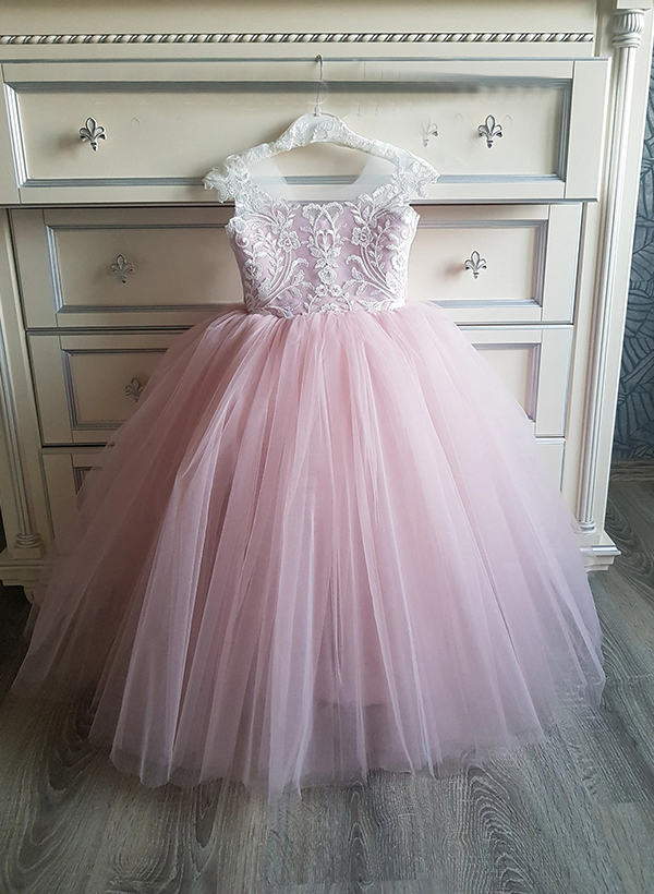 Ball-Gown Illusion Neck Sweep Train Lace/Tulle Flower Girl Dresses With Bow(s)