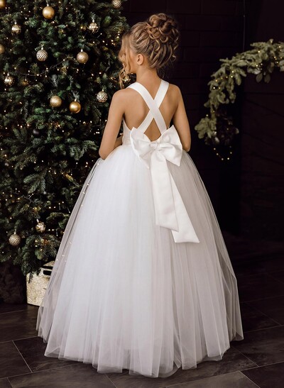 Ball-Gown V-Neck Floor-Length Satin/Tulle Flower Girl Dresses With Bow(s)