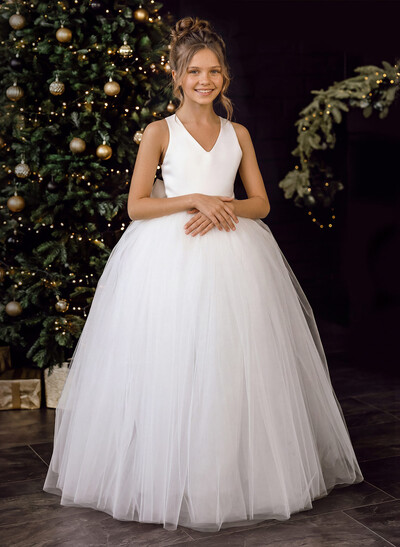 Ball-Gown V-Neck Floor-Length Satin/Tulle Flower Girl Dresses With Bow(s)
