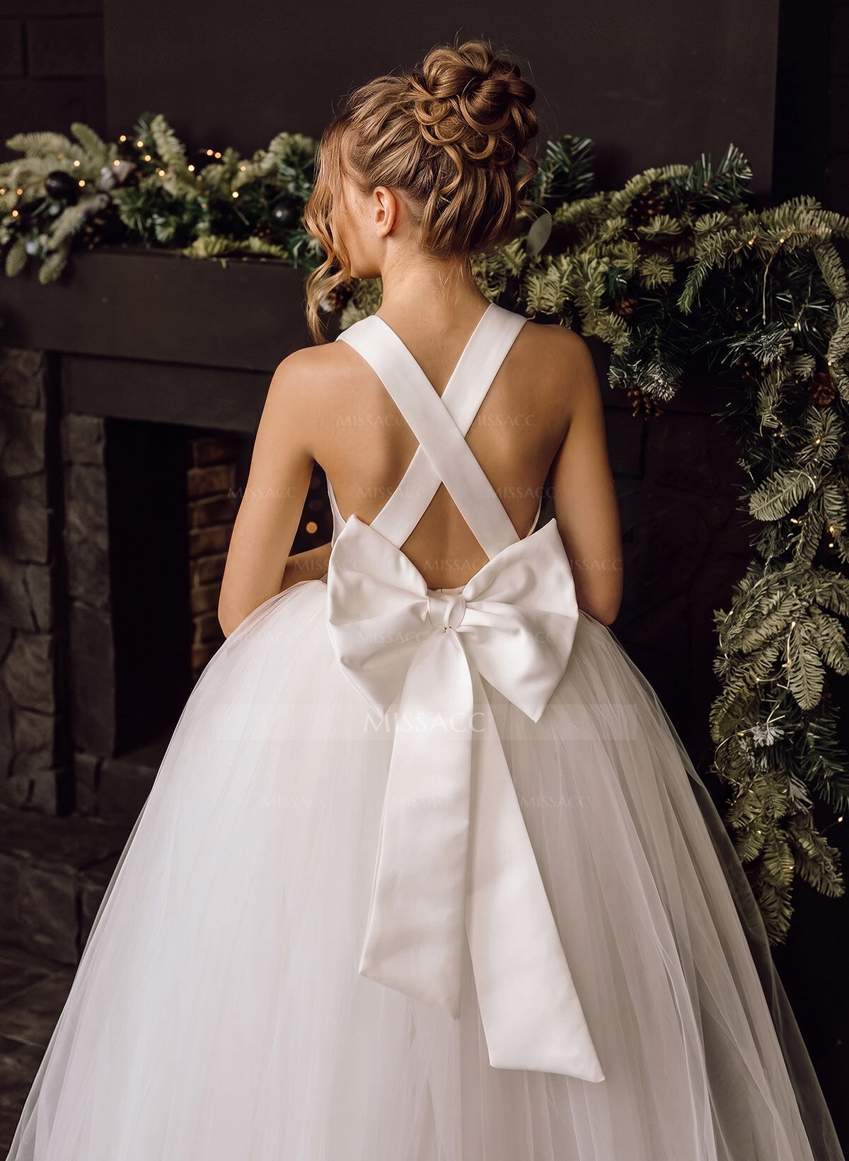 Ball-Gown V-Neck Floor-Length Satin/Tulle Flower Girl Dresses With Bow(s)