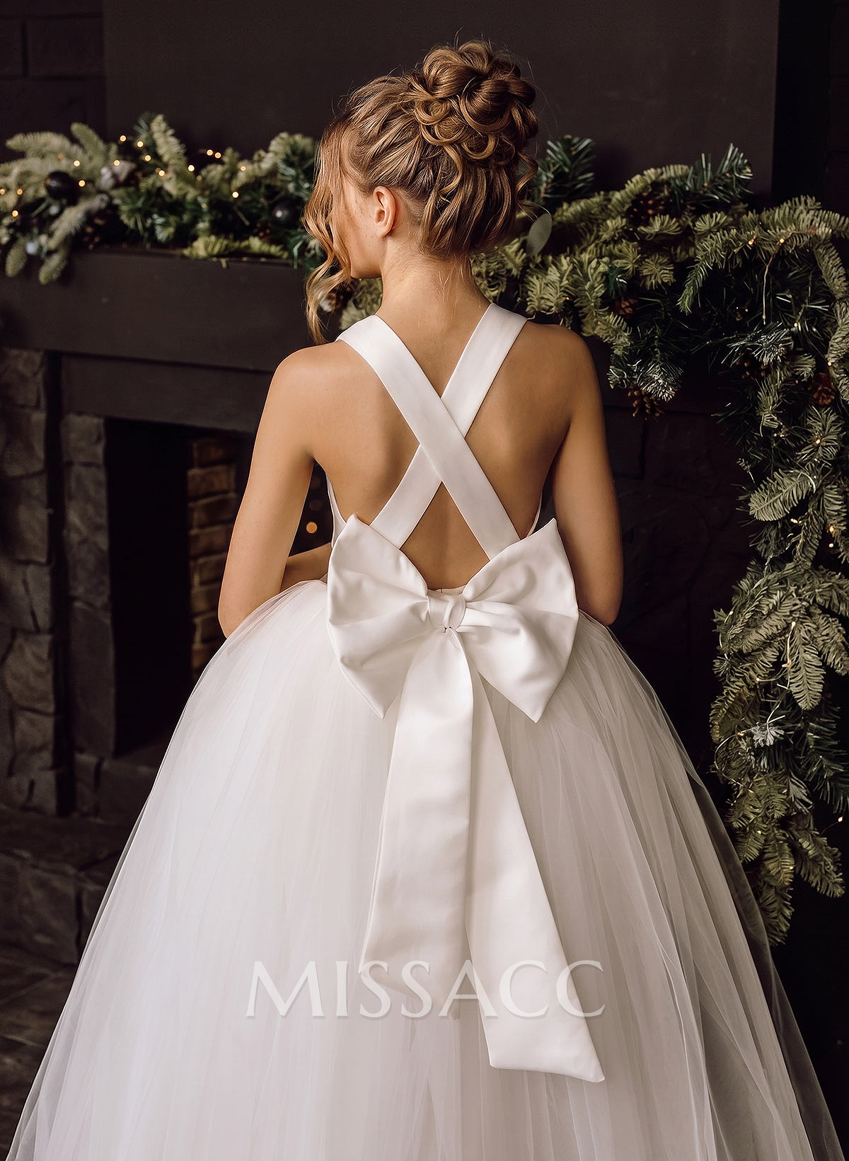 Ball-Gown V-Neck Floor-Length Satin/Tulle Flower Girl Dresses With Bow(s)