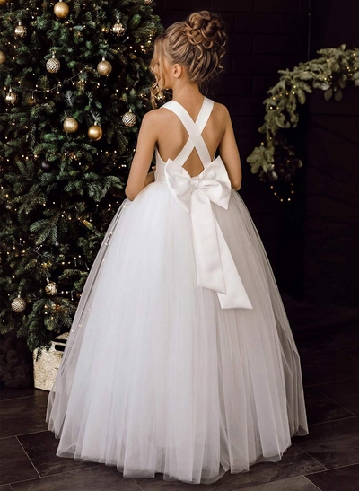 Ball-Gown V-Neck Floor-Length Satin/Tulle Flower Girl Dresses With Bow(s)
