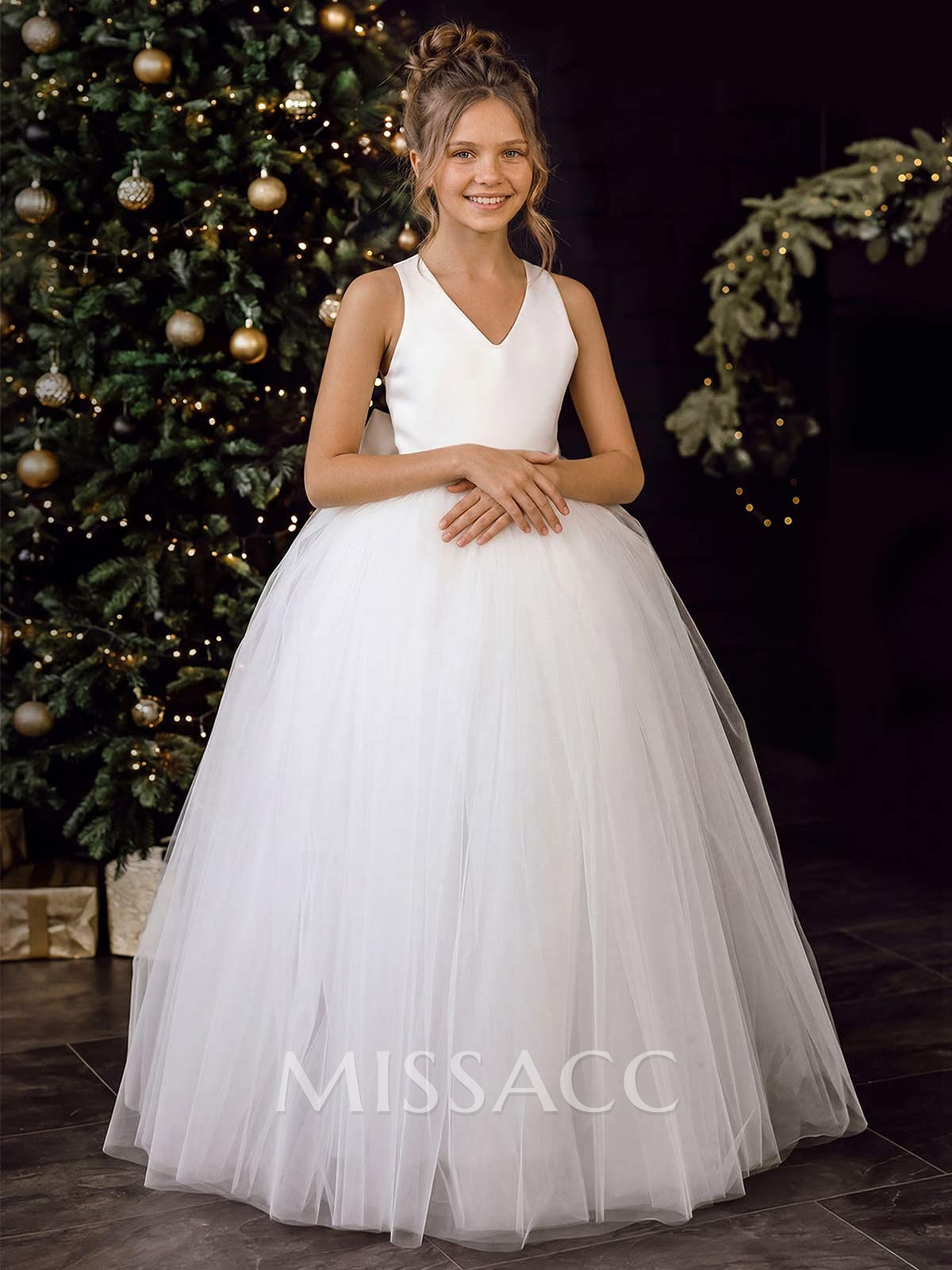 Ball-Gown V-Neck Floor-Length Satin/Tulle Flower Girl Dresses With Bow(s) Ball-Gown V-Neck Floor-Length Satin/Tulle Flower Girl Dresses With Bow(s)