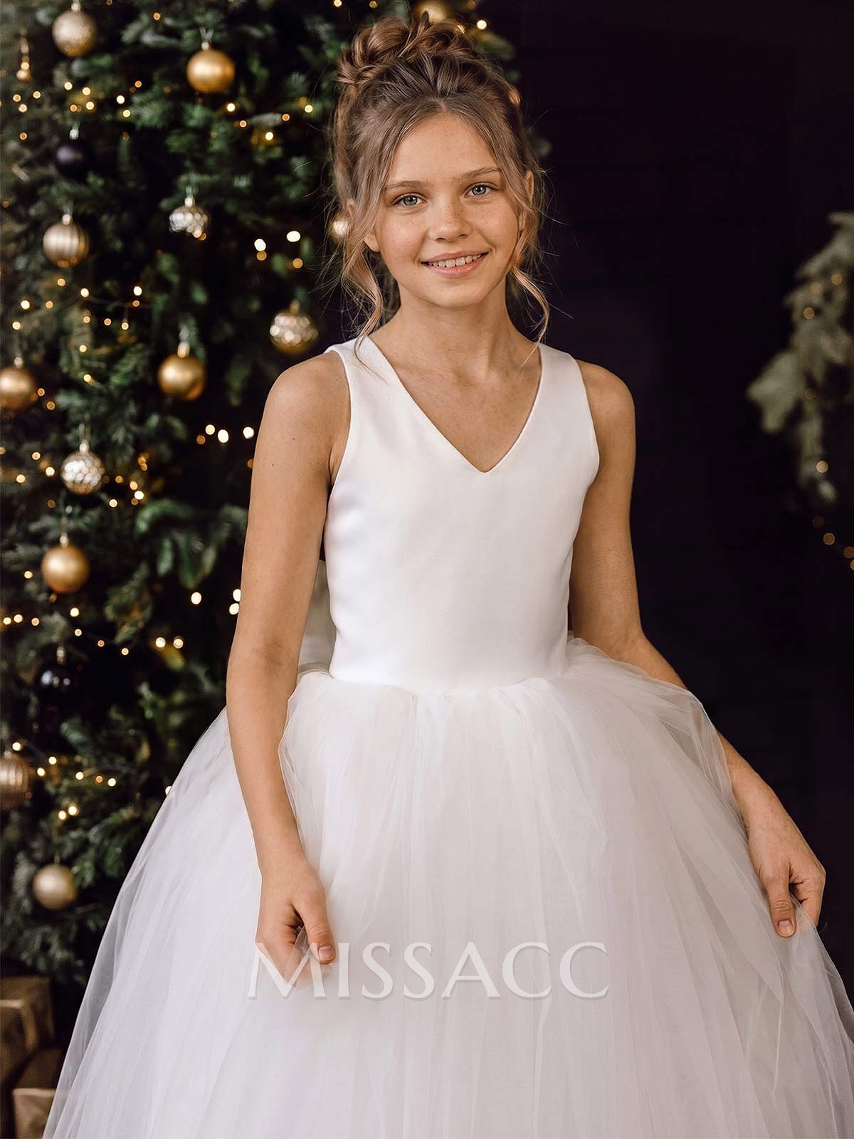 Ball-Gown V-Neck Floor-Length Satin/Tulle Flower Girl Dresses With Bow(s) Ball-Gown V-Neck Floor-Length Satin/Tulle Flower Girl Dresses With Bow(s)