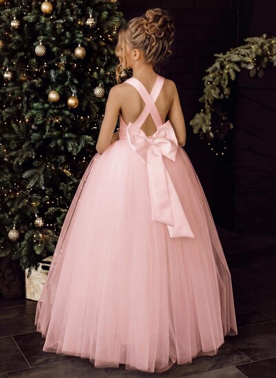 Ball-Gown V-Neck Floor-Length Satin/Tulle Flower Girl Dresses With Bow(s)