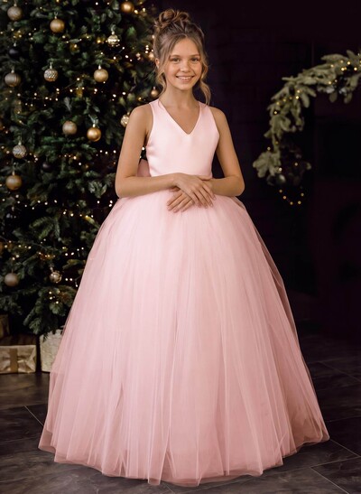 Ball-Gown V-Neck Floor-Length Satin/Tulle Flower Girl Dresses With Bow(s)