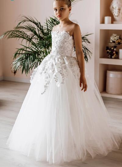Ball-Gown Illusion Neck Princess Tulle Flower Girl Dresses With Appliques Lace