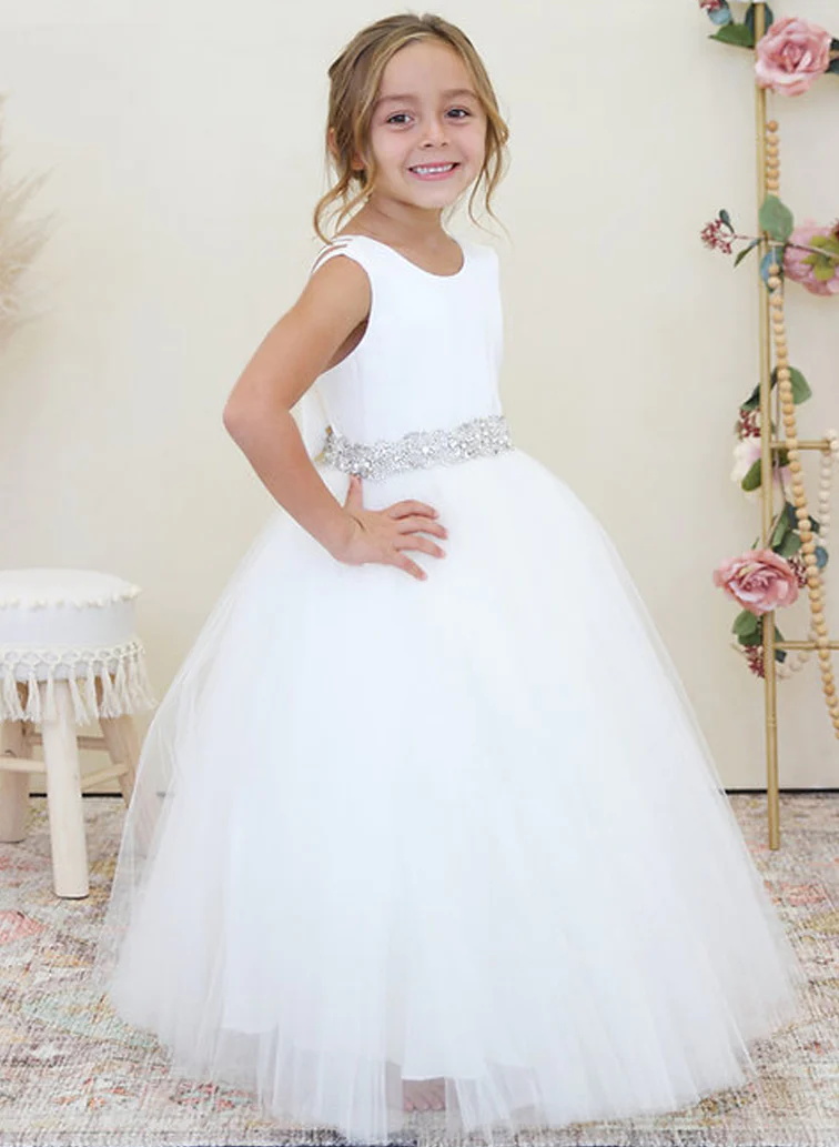 Ball-Gown Scoop Neck Sleeveless Lace/Satin Flower Girl Dresses With Bow(s)