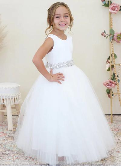 Ball-Gown Scoop Neck Sleeveless Lace/Satin Flower Girl Dresses With Bow(s)