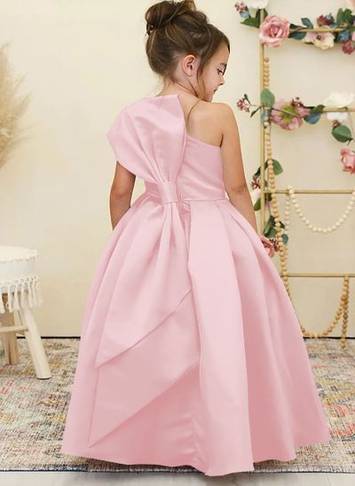 Princess Ball Gown Bow Accented One-Shoulder Satin Flower Girl Dresses