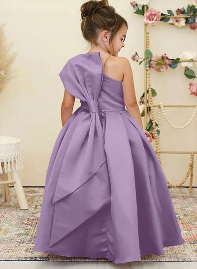 Ball-Gown One-Shoulder Floor-Length Satin Flower Girl Dresses With Bow(s)