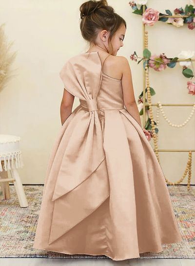 Princess Ball Gown Bow Accented One-Shoulder Satin Flower Girl Dresses