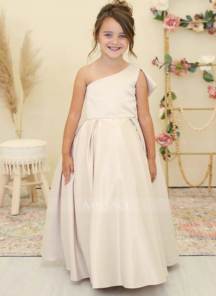 Princess Ball Gown Bow Accented One-Shoulder Satin Flower Girl Dresses