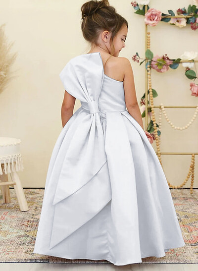 Princess Ball Gown Bow Accented One-Shoulder Satin Flower Girl Dresses