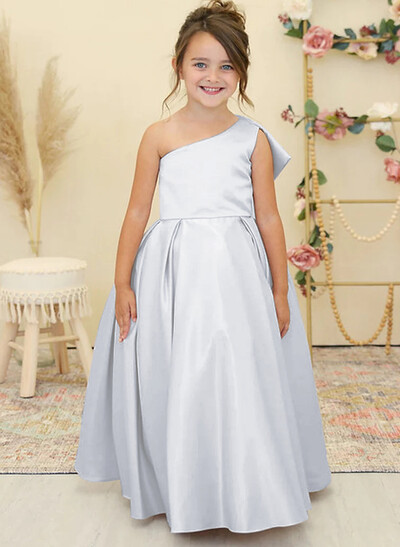 Princess Ball Gown Bow Accented One-Shoulder Satin Flower Girl Dresses