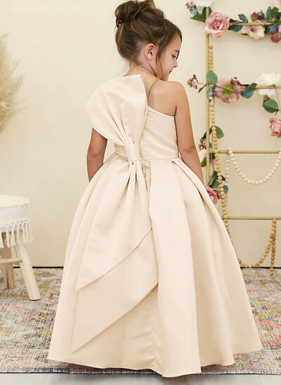 Princess Ball Gown Bow Accented One-Shoulder Satin Flower Girl Dresses