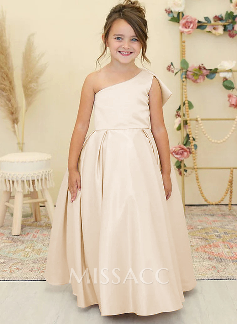 Princess Ball Gown Bow Accented One-Shoulder Satin Flower Girl Dresses Princess Ball Gown Bow Accented One-Shoulder Satin Flower Girl Dresses