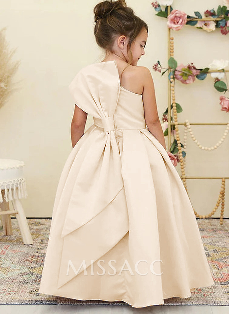 Princess Ball Gown Bow Accented One-Shoulder Satin Flower Girl Dresses Princess Ball Gown Bow Accented One-Shoulder Satin Flower Girl Dresses