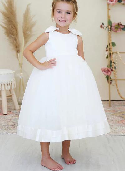 Ball-Gown Scoop Neck Tea-Length Satin/Tulle Flower Girl Dresses With Bow(s)